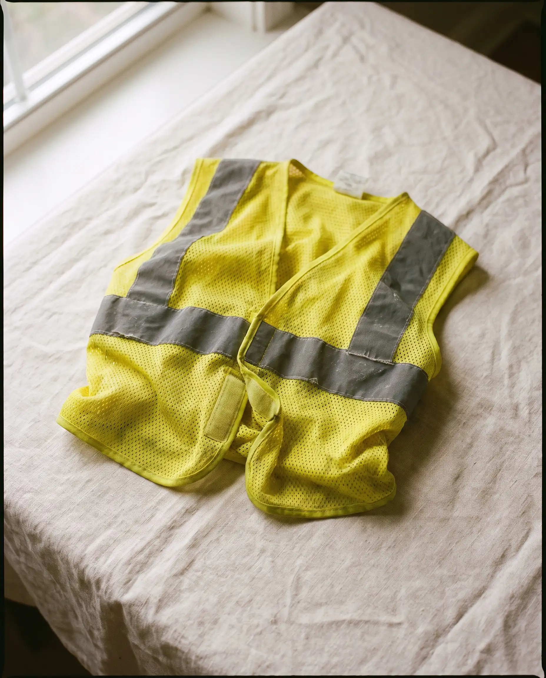 Un gilet fluo de chantier en filet, froissé sur un drap de lin