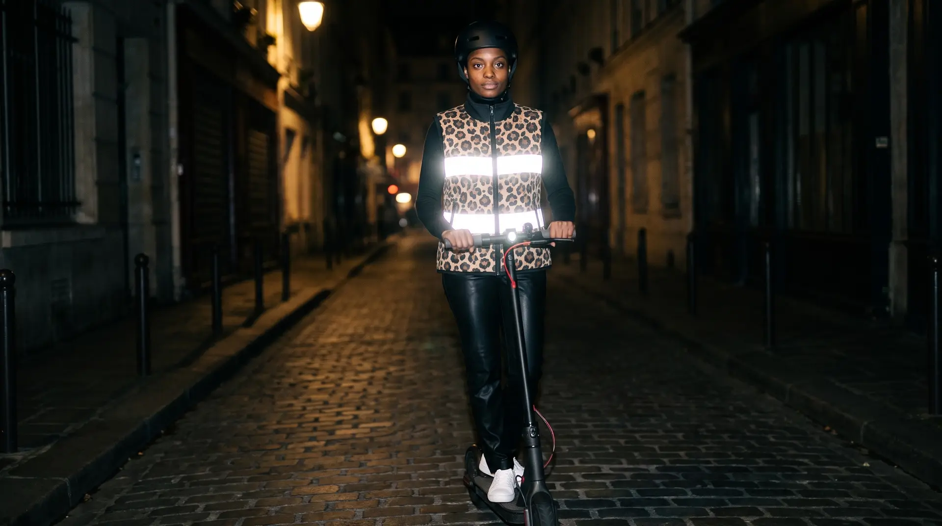 De nuit, au flash, une femme roule en trottinette électrique dans une rue pavée de Paris ; les deux bandes de son Gilet Fauve léopard éclatent de lumière