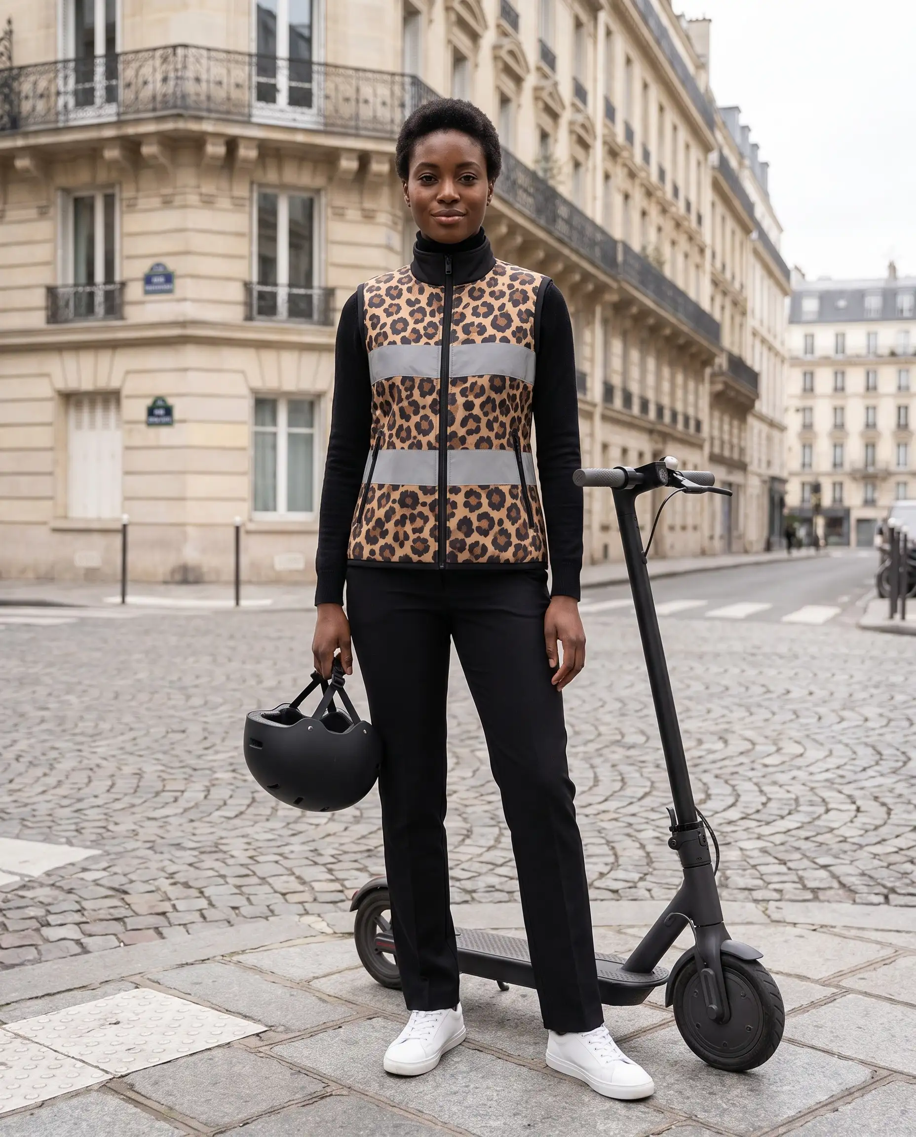 En journée, une femme pose avec sa trottinette dans une rue pavée de Paris, en Gilet Fauve