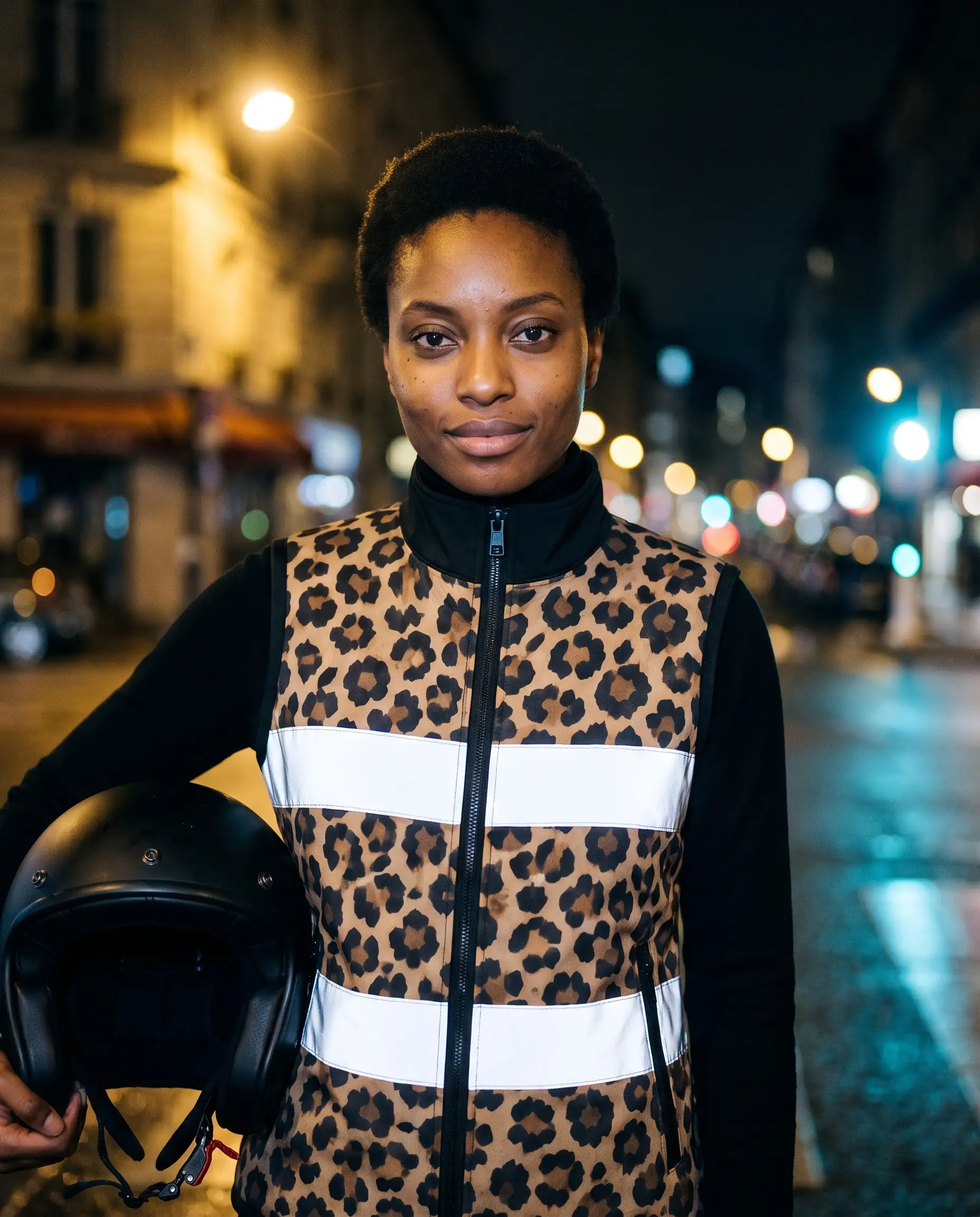 De nuit, au flash : une femme porte le Gilet Fauve, ses deux bandes éclatantes, casque sous le bras