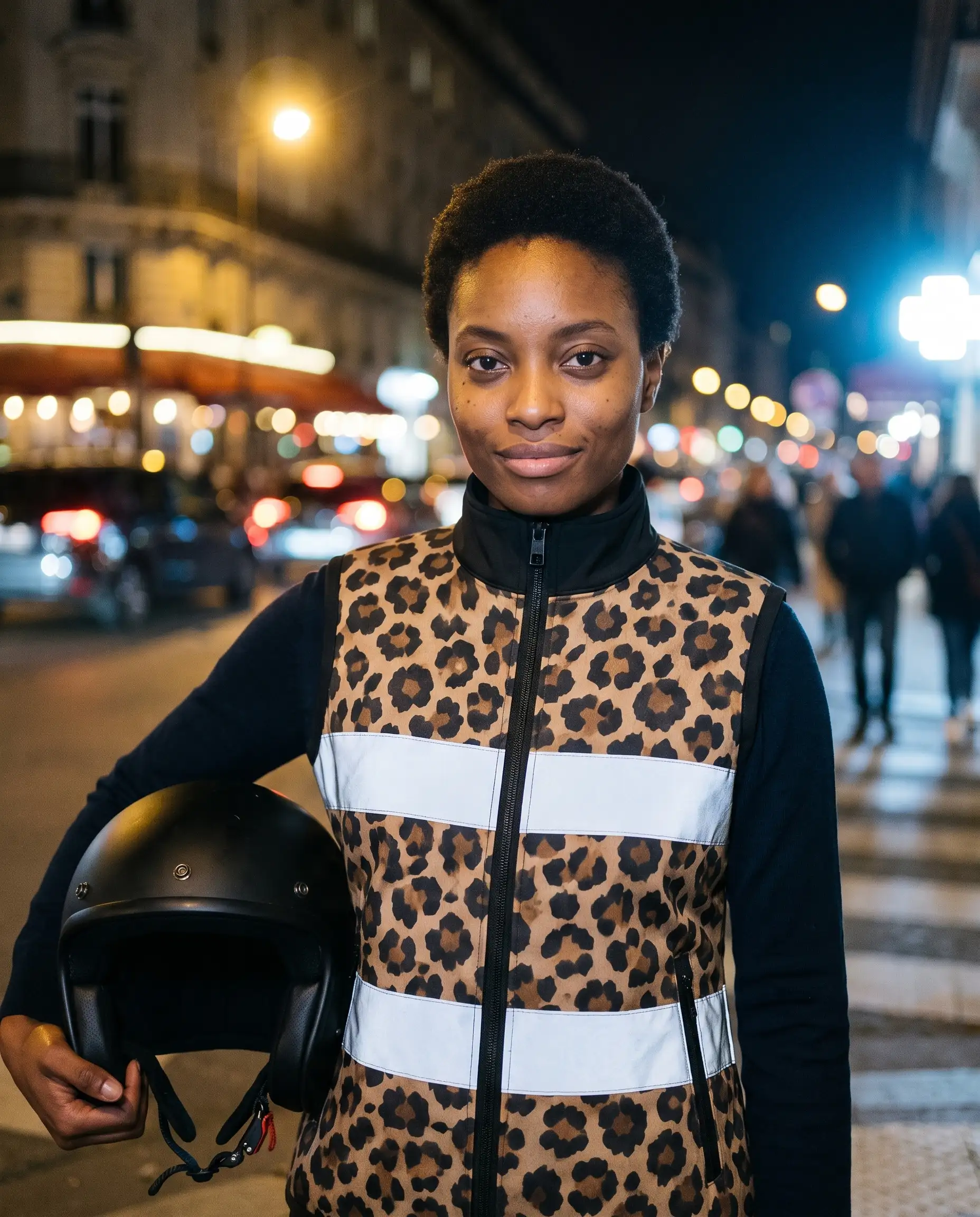 Portrait de nuit dans une rue animée : Gilet Fauve, bandes lumineuses, casque noir à la main